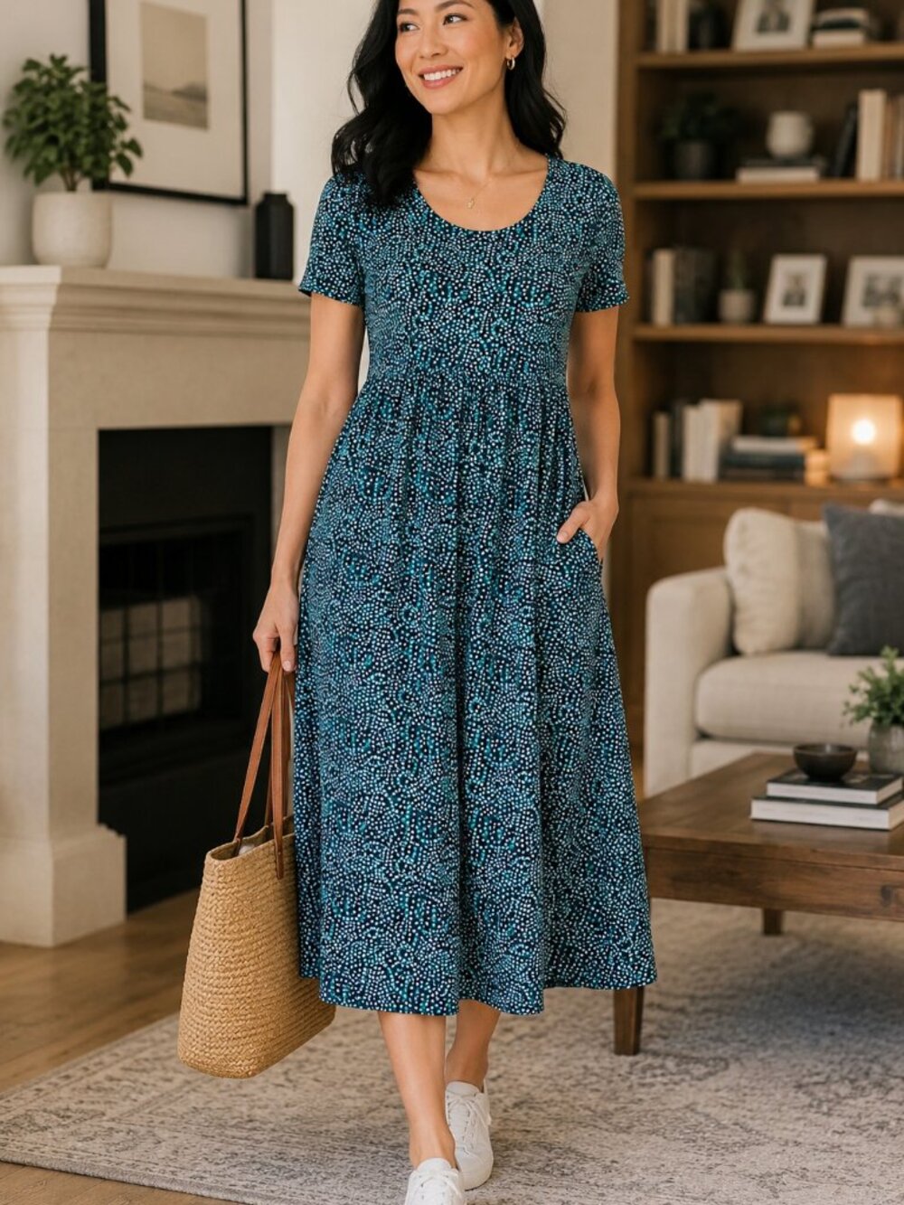 High Waist Midi Dress Size M-L Green Black White Polka Dots Pockets